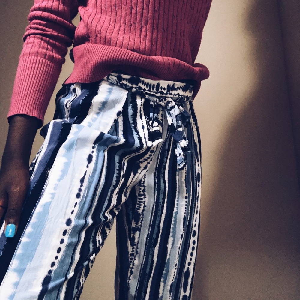 blue and white flowy pants